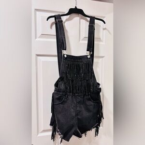 Black Denim Women's Overall Shorts with fringe